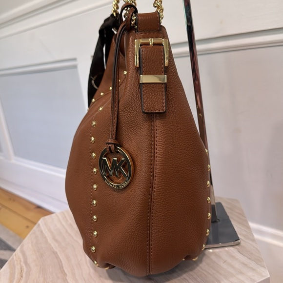 Michael Kors Bag  Brown Pebbled Leather Hobo Bag with Gold Studs and Gold Chain - Picture 5 of 17